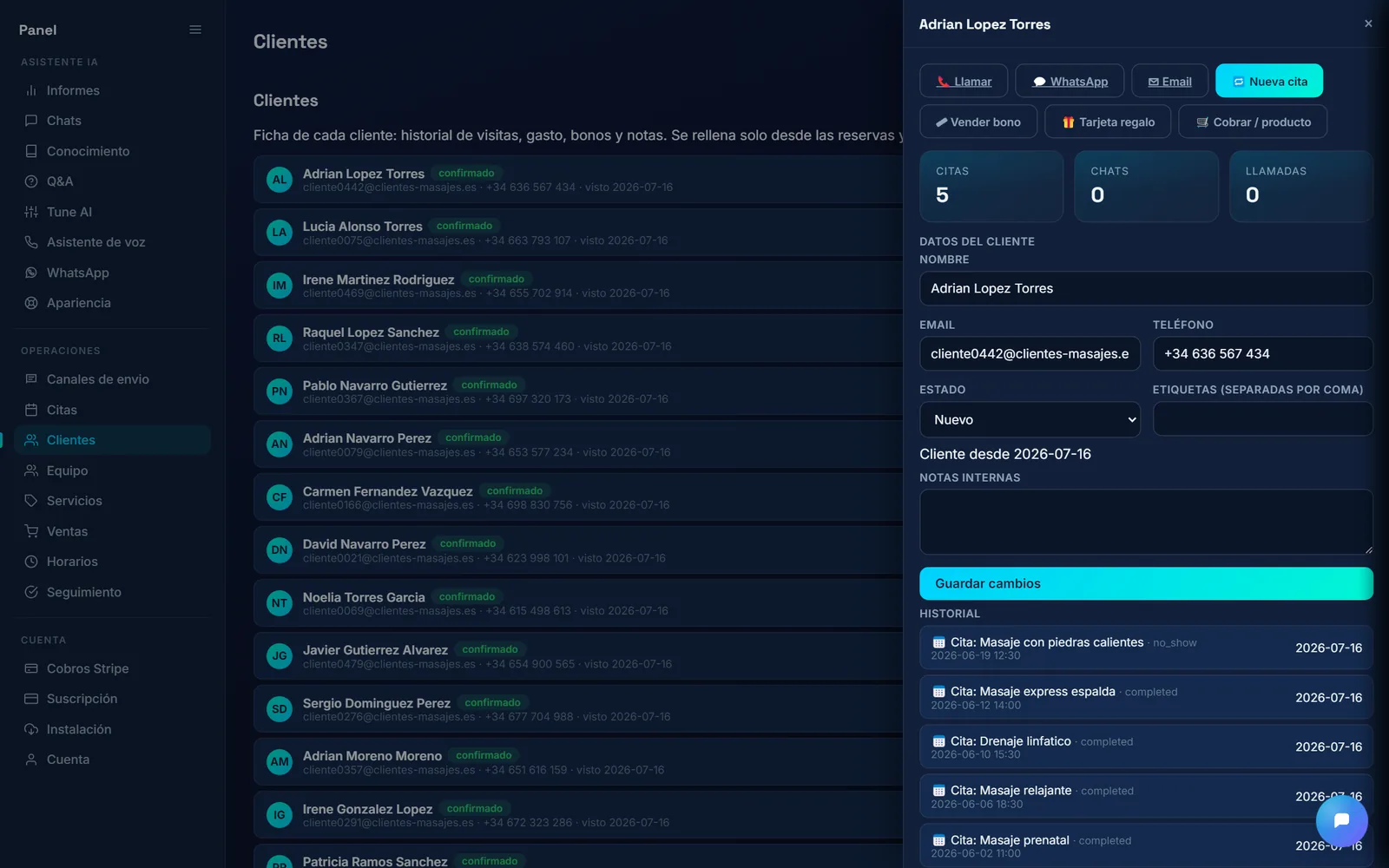 Ficha de cliente en Vantelia con historial y bonos