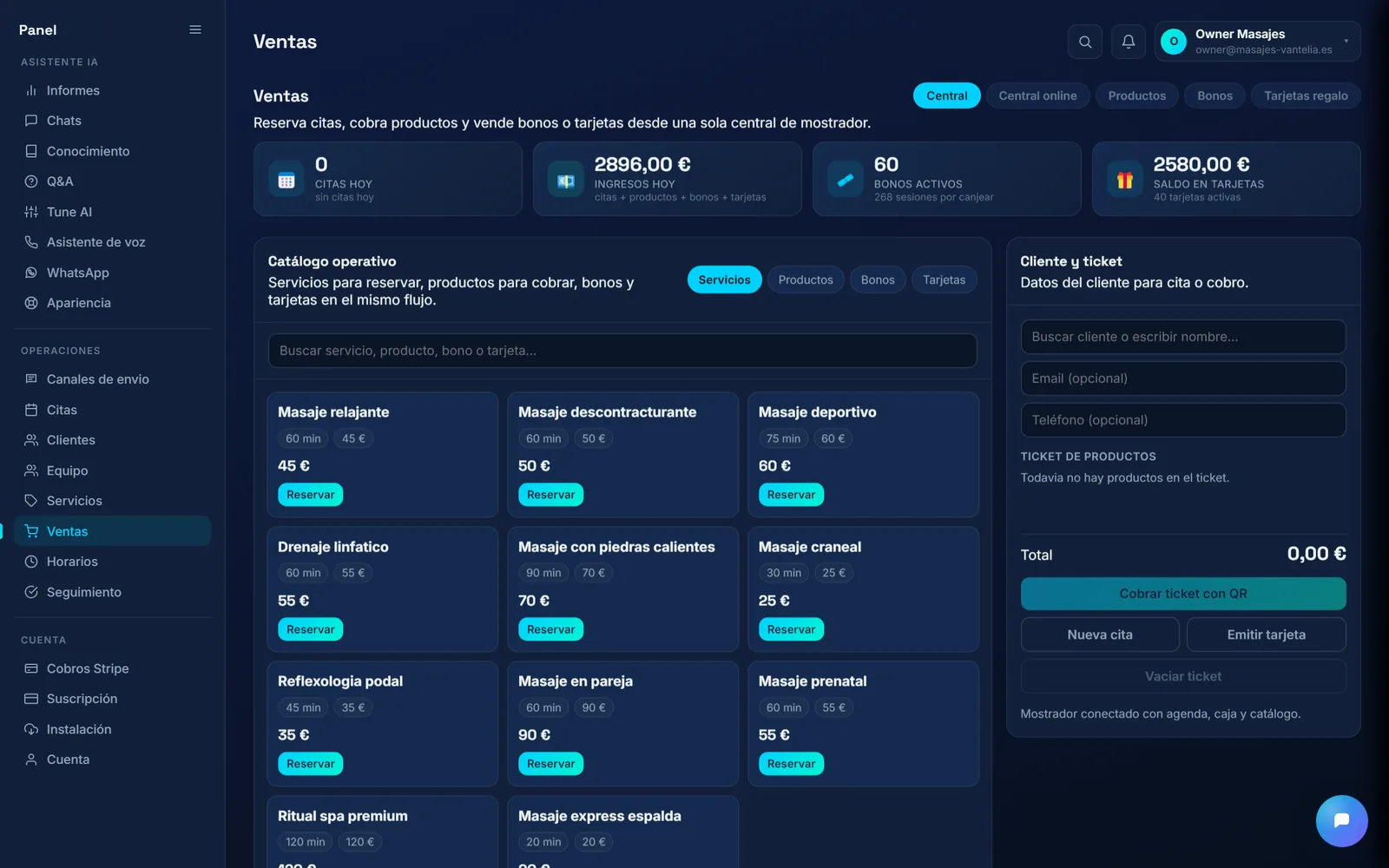 Mostrador de ventas de Vantelia con catálogo y cobro QR